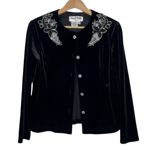 VTG  Ronni Nicole Petite Medium Black Velvet Holiday Cardigan w/ Lace & Beading - Picture 1 of 8